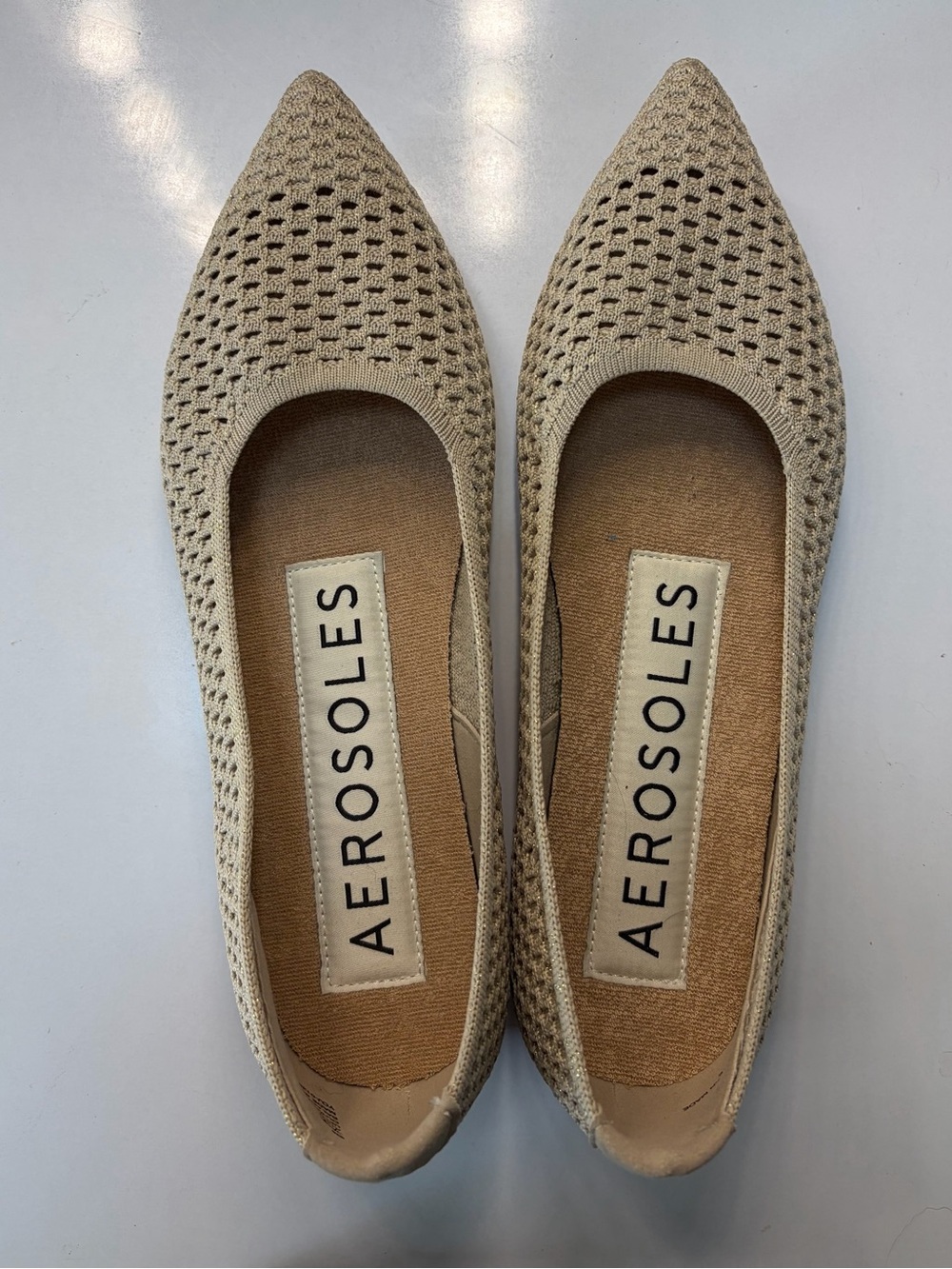 AEROSOLES Beige Knit Pointed-Toe Ballet Flats